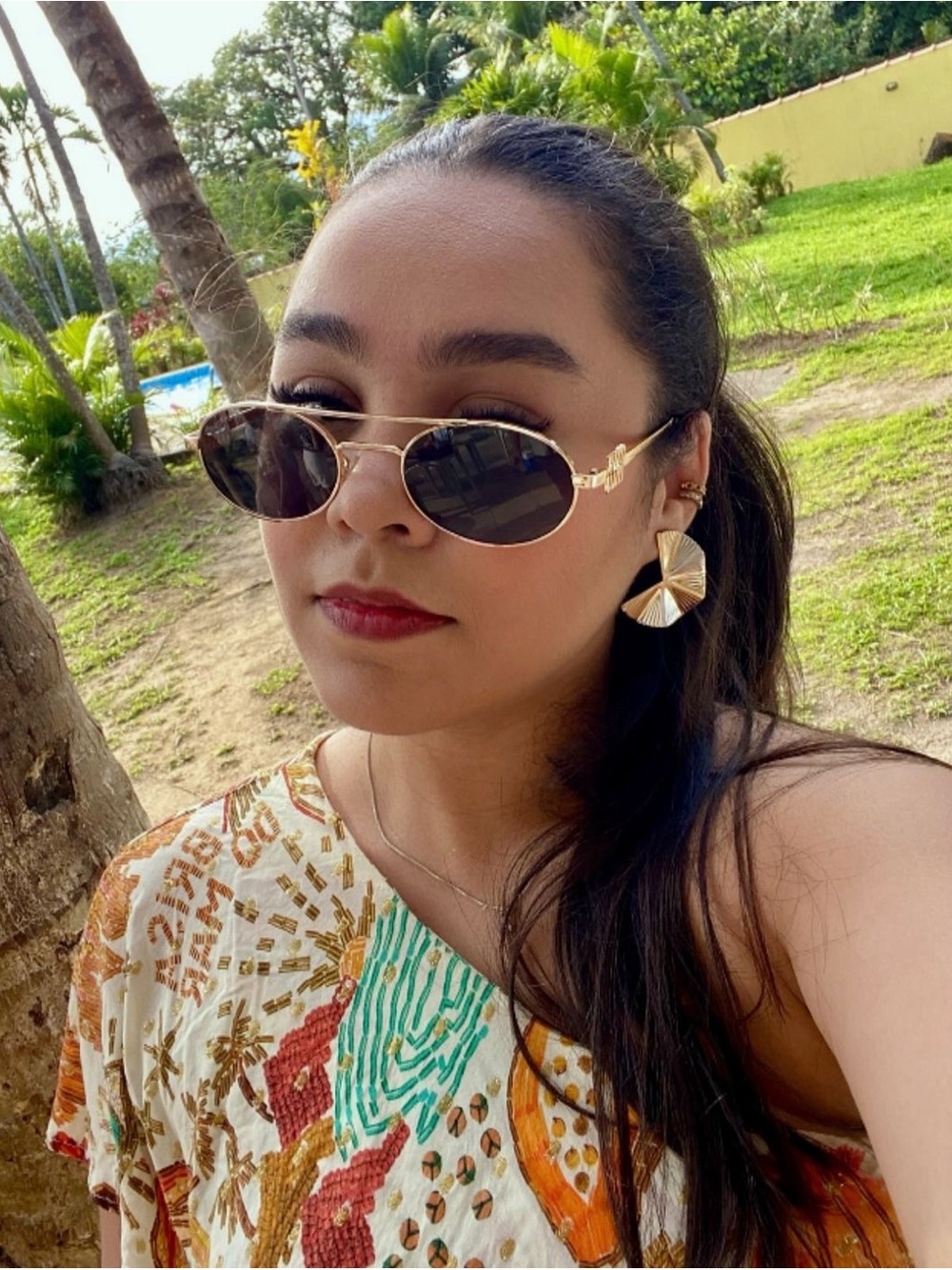 M.M. Gold Oval Sunglasses Brown Lenses